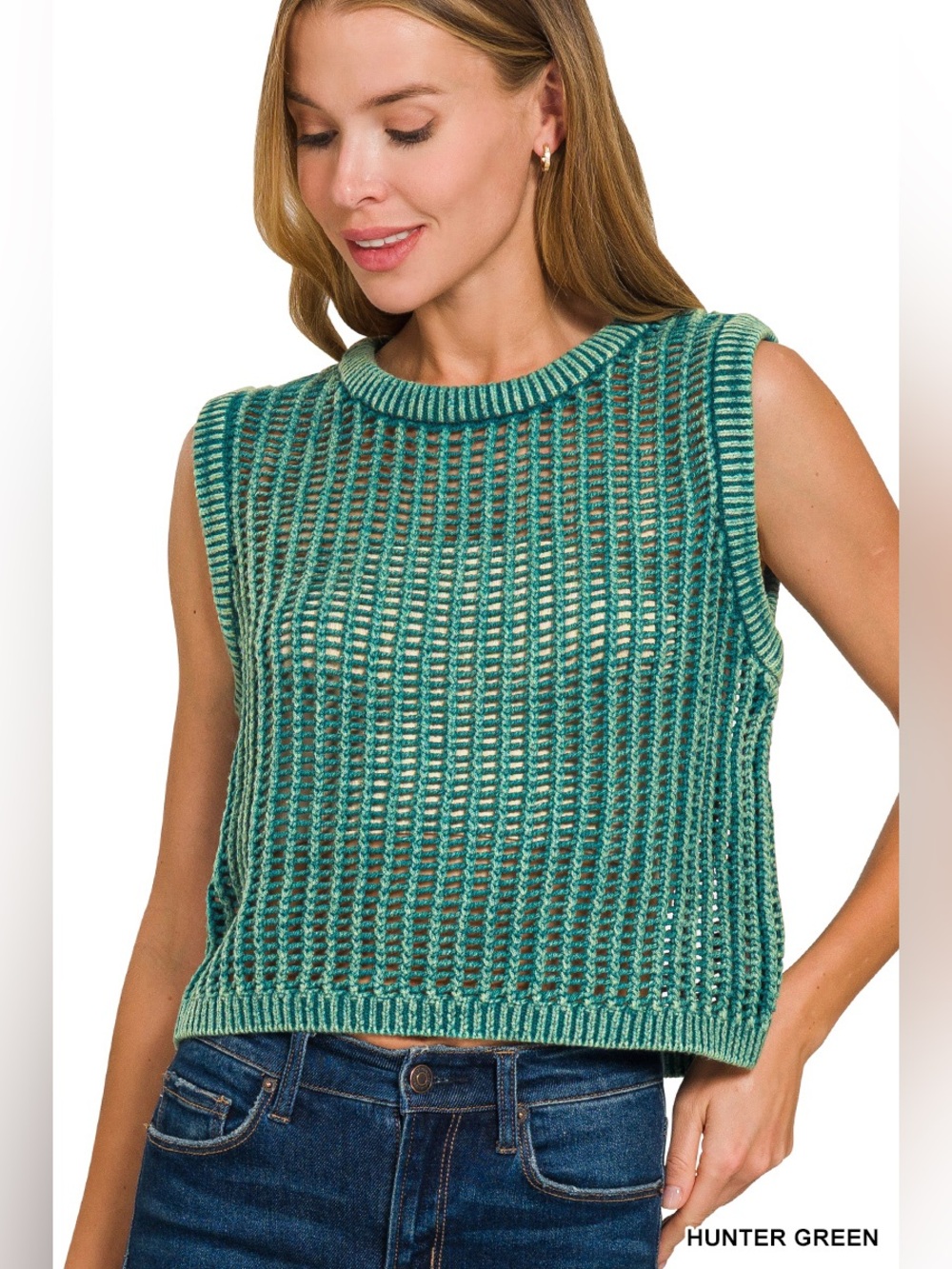 Zenana Hunter Green Acid Washed Fishnet Sweater Vest